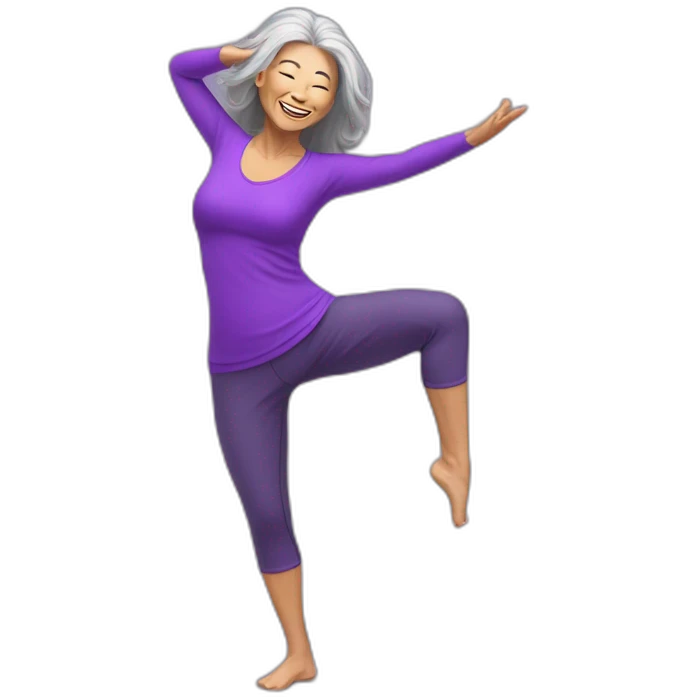 long hair asian senior woman in sexy purple yoga clothes dancing zumba emoji