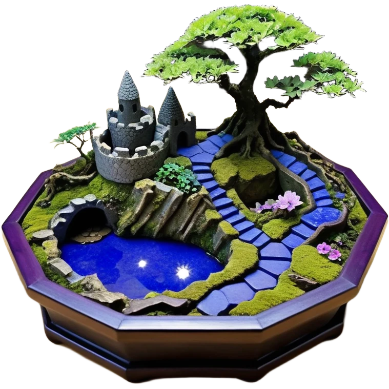  Ancient saucer-castle jungle winding trail mountainside getaway haunted nighttime hobbit landscape antique mudman very old broken cracked intricately detailed Stone Age lapis-crusted irregular dodecagon-shaped shallow dark moss rough bark violet flowered maple bonsai Saikei coffee table-sized pot  emoji