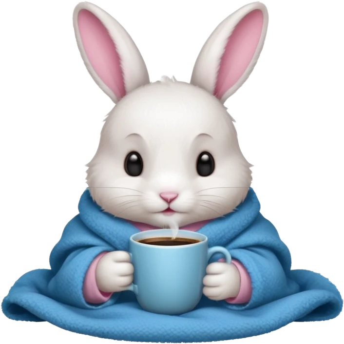 baby rabbit in cozy blanket, drink coffee emoji