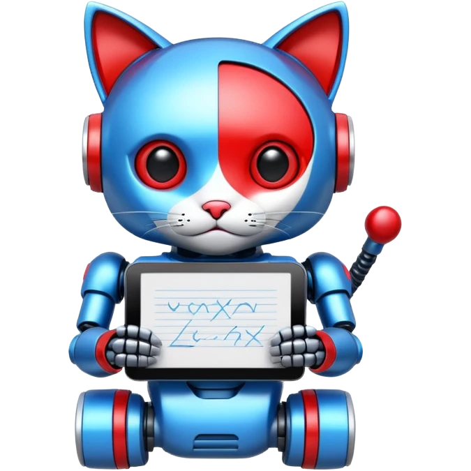 generate robot cat, glossy, realstic, red and blue color, write on tag LMX emoji