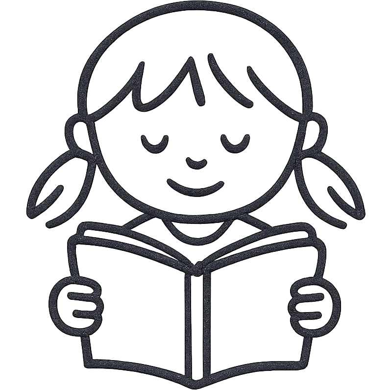 girl reading a book, hand-drawn black outline style, simple and clean lines emoji