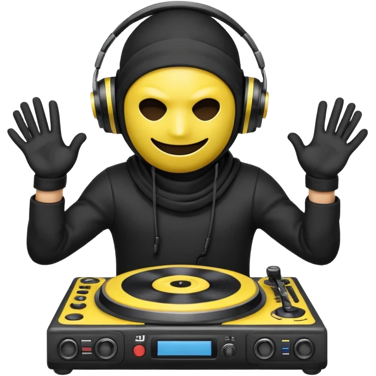 Make a customized yellow head emoji with hands and holding a dj turn table  in a  ninja face mask emoji