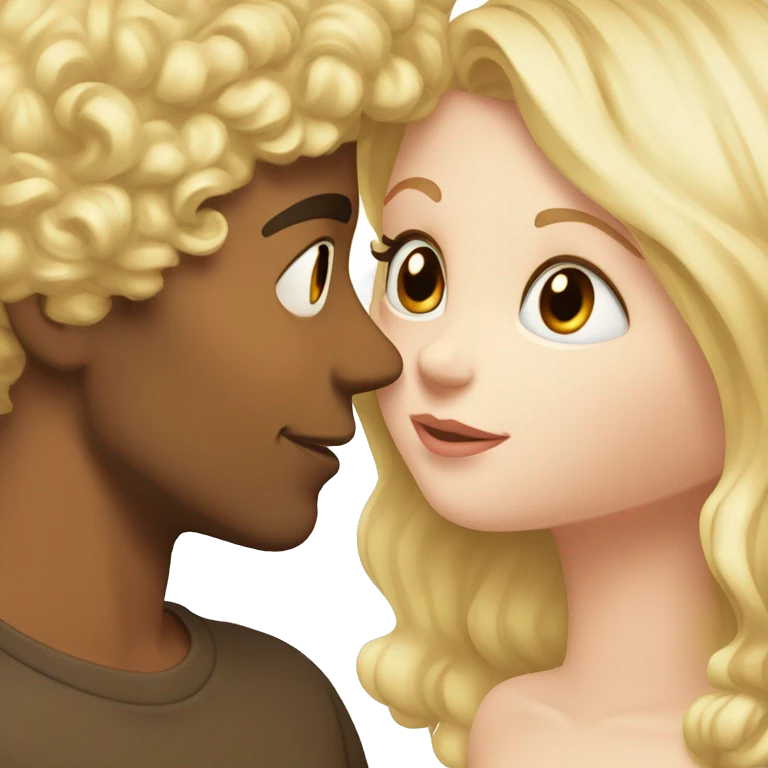 A blonde girl with pale skin kisses a light-skinned brown guy with curly black hair emoji