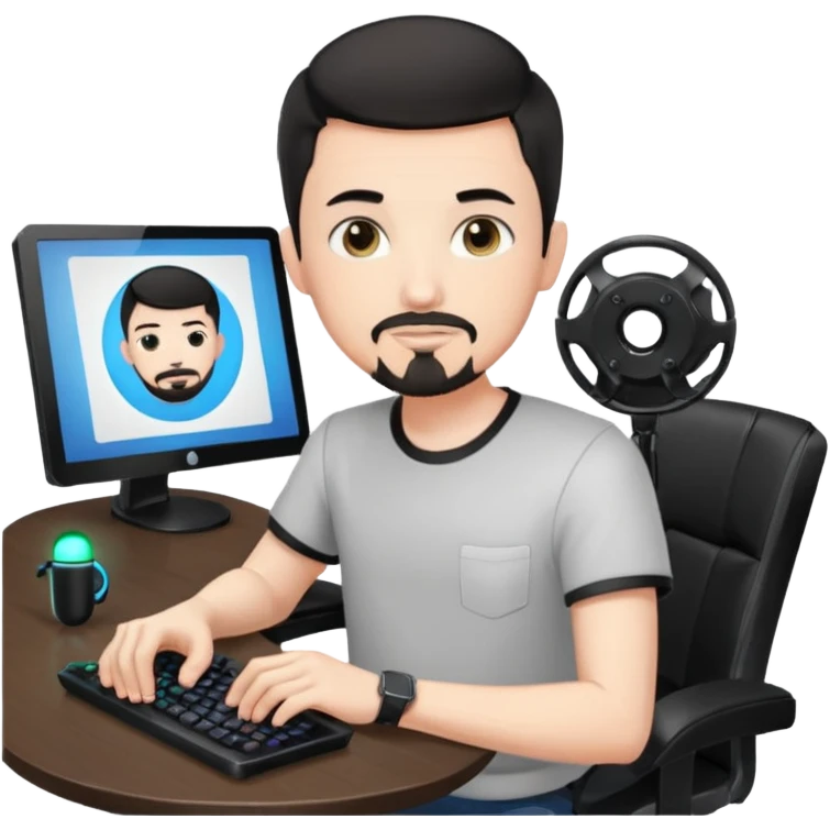 a setup of a youtuber, white skin, thin goatee, black short hair, with a desktop pc on a table, a gaming chair, microphone, white ring light emoji