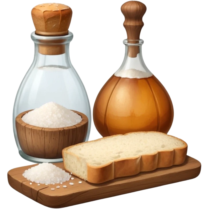 a bottle of salt (salt shaker) and a loaf of peasant bread with a small mandolin - still life composition emoji