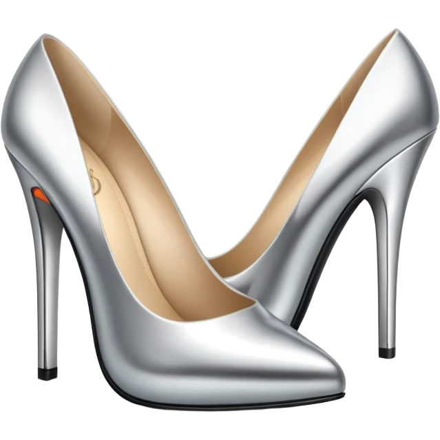 A pair of high heel shoes emoji made of polished silver chrome, elegant sharp silhouette, smooth metallic surface, glossy reflections, luxury sexy vibe, minimalistic iOS emoji style, centered, clean white background emoji
