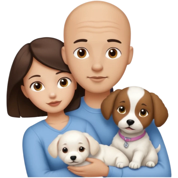 Bald guy with brunette girl and all white puppy emoji