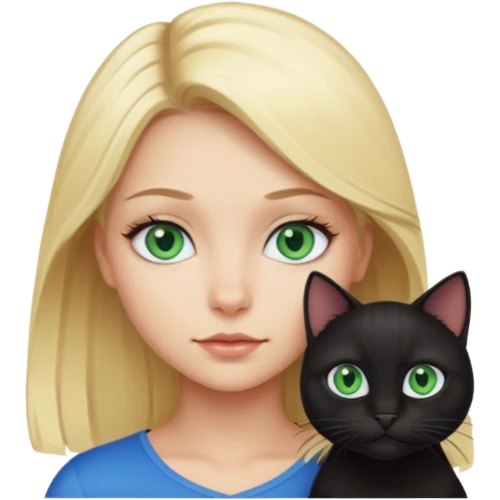 girl with blonde hair and blue eyes with a black cat with green eyes   emoji