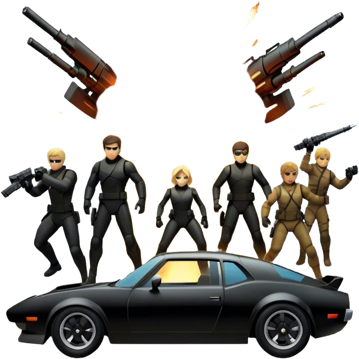 Photorealistic Icon for Action Movies: Dynamic collage of iconic action movie scenes featuring explosions, fast cars, combat, and weapons. Include silhouettes of famous action heroes, dramatic lighting, and a sense of high-octane energy. Transparent background. emoji