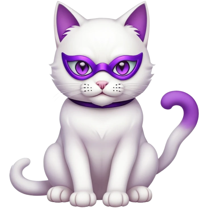 white cat sitting wearing a mask full body with purple eyes emoji