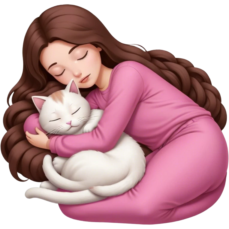 A pretty white girl with very long brown hair and pink clothing sleeping curled up to a white cat  emoji