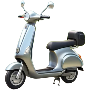 An icon featuring a sleek scooter parked on a smooth path in a park. The background showcases winding pathways, tall trees, and bright greenery with the sun shining through. The scooter stands ready for a ride, capturing the freedom and joy of scootering outdoors. Transparent background emoji