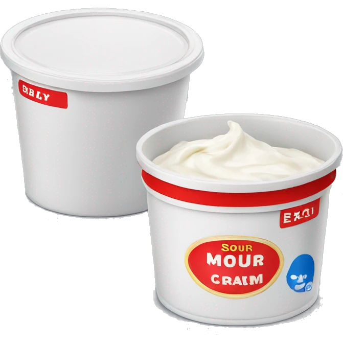 Sour cream in a plastic container with red label emoji