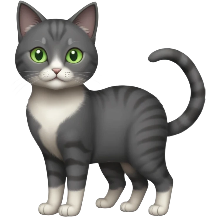 full body view of beautiful female solid dark grey cat with green eyes, white toes/paws and white patch on her chest emoji