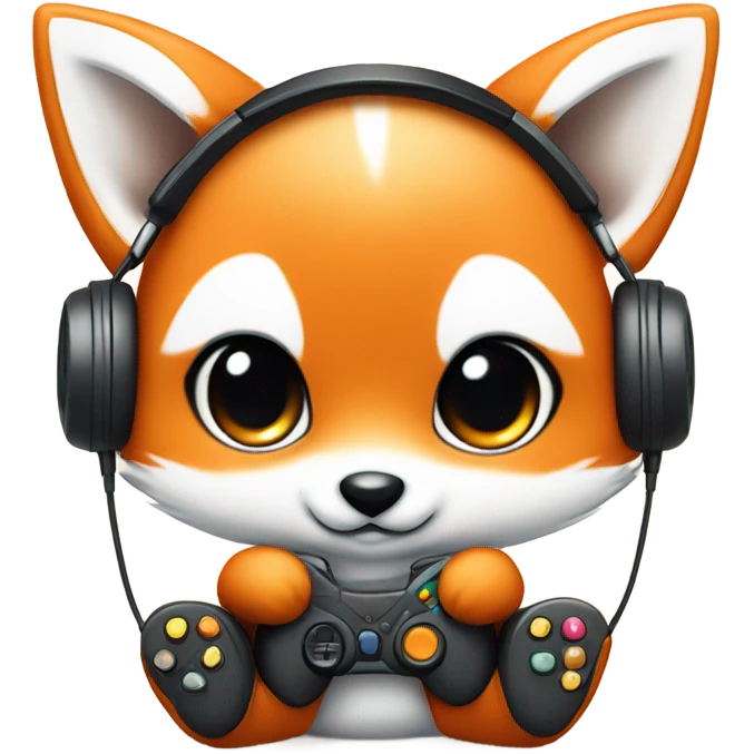 Detailled Baby kawaii fox with headphones on ears and gamepad controller emoji