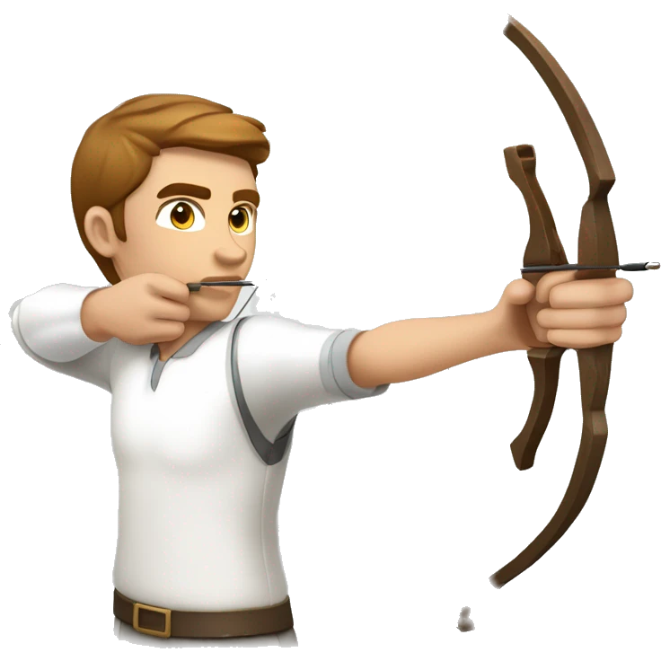 a male archer aiming with a bow looking at his target, wearing a white shirt, very show brown hair, bright skin emoji