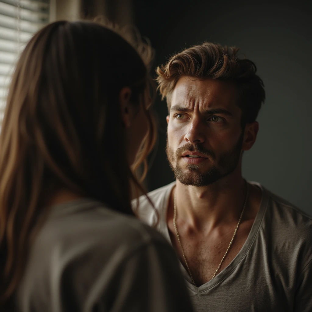 Hyperrealistic 4K image of a man pretending to be weak and asking a woman for help, dramatic expression, domestic environment, highly detailed. emoji