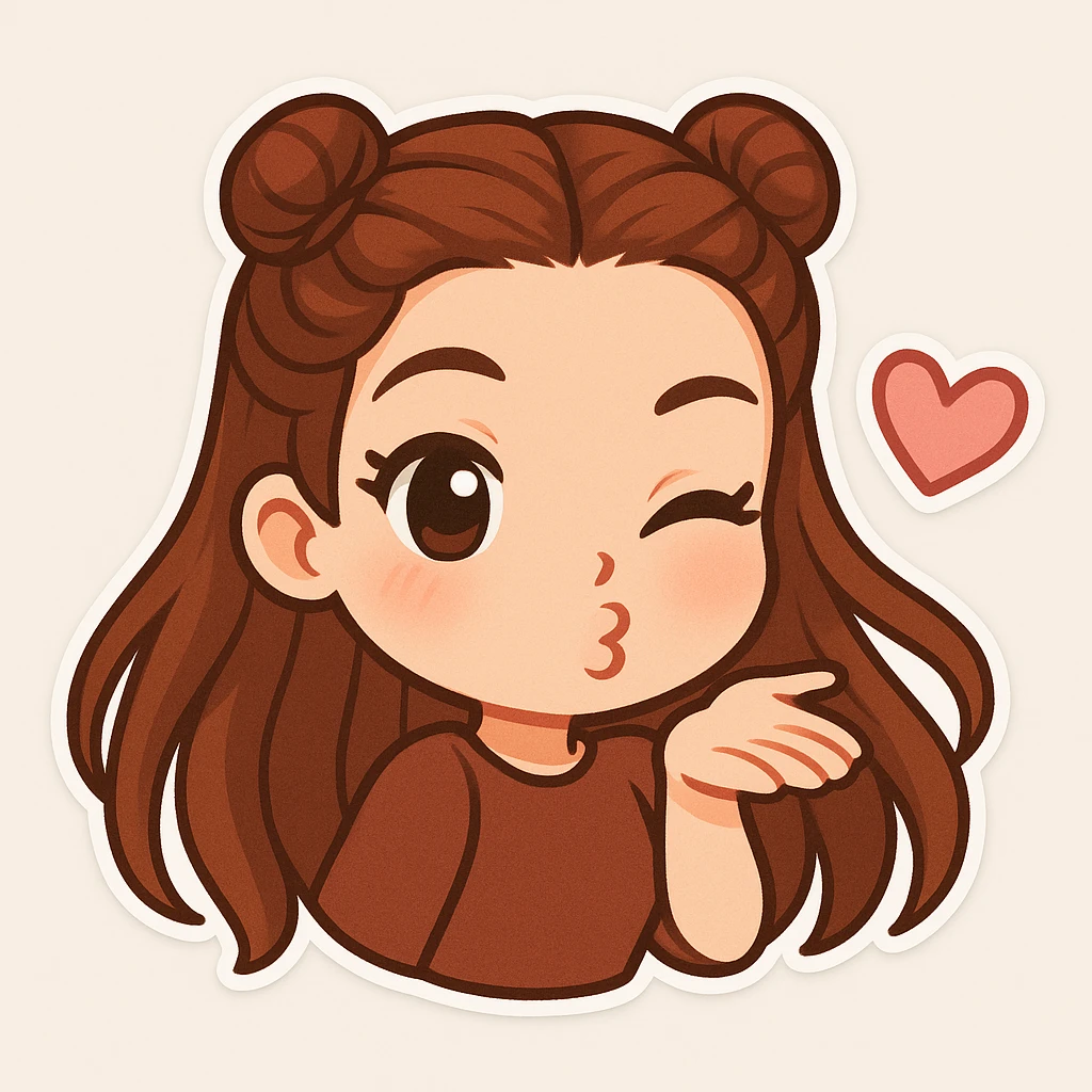 Create a chibi sticker of the girl from the reference image, blowing a kiss and winking, playful and sweet, with long hair. emoji