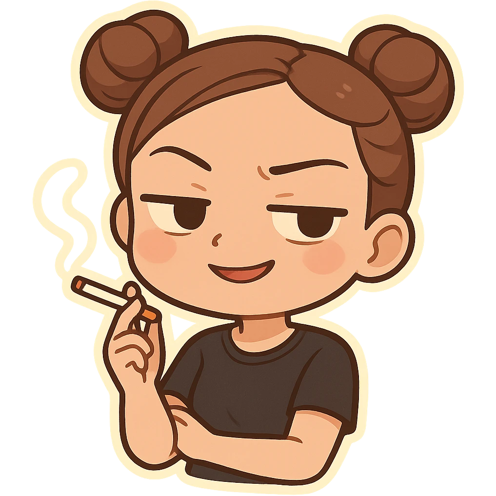 chibi sticker of a girl with double bun hairstyle, holding a cigarette, with a smug and confident facial expression, same face and clothes as before emoji