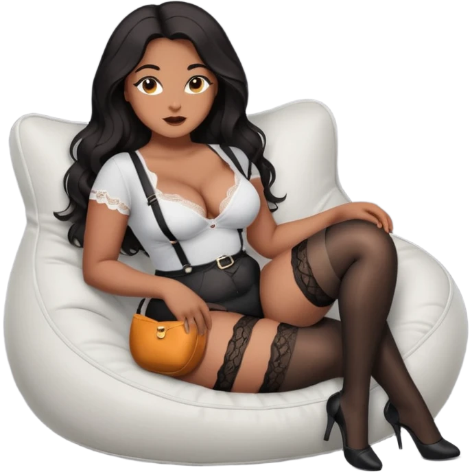 Curvy woman with brown skin with long wavy black hair, dark brown eyes. She's wearing a tight white shirt showing cleavage, black lace thong, black stockings and suspender belt, she's sat on a big dark grey bean bag chair, she has her legs open emoji