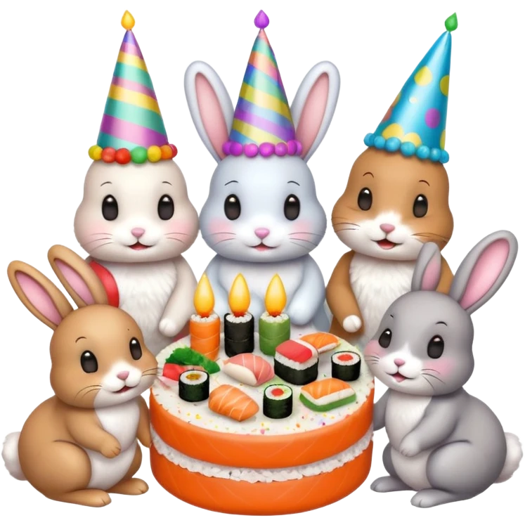 four bunnies together eating sushi at a birthday party, playful, colorful, party hats, birthday decorations, confetti, balloons, sushi, birthday cake, varied composition, emoji style, all four bunnies clearly visible emoji