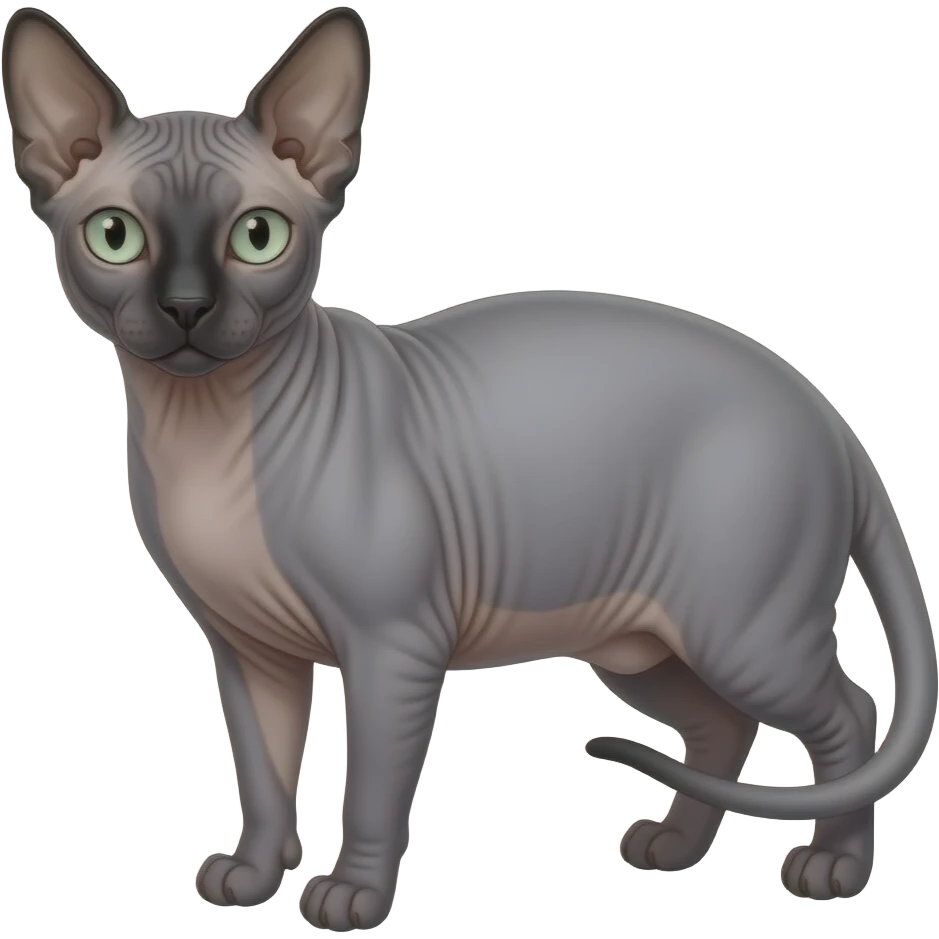 Dark grey female sphynx cat with black nose and light green eyes emoji