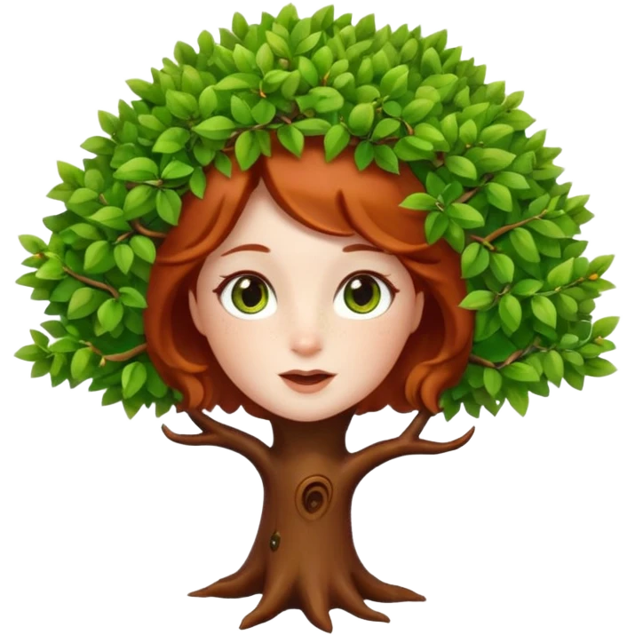 Un petit sapin vert sylvestre, féminin, regard malicieux, tâches de rousseurs délicates, joues roses. Yeux de biche brillants en forme amande, yeux couleur ambre, tronc couleur acajou. Sapin en mouvement, incurvé pour un effet vivant. Style memoji. emoji