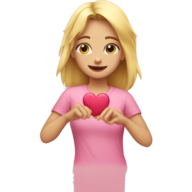 Blond girl in pink shirt making a heart with her hands emoji