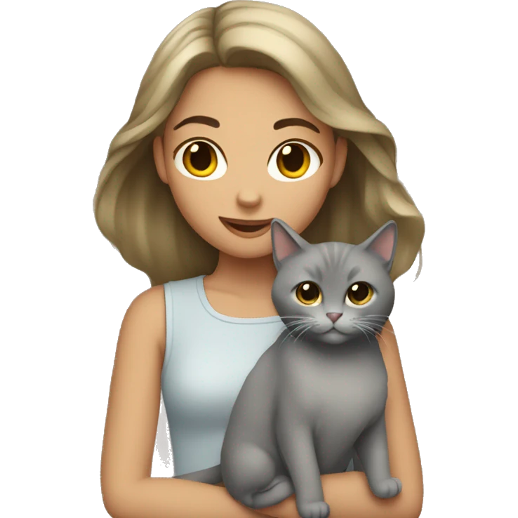 Girl with dark blonde hair holding furry grey cat emoji