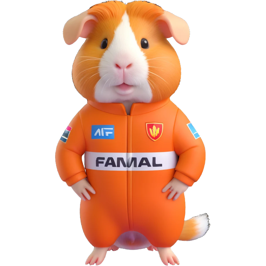 full-body cute guinea pig wearing a detailed Formula 1 racing suit, no helmet, standing pose emoji