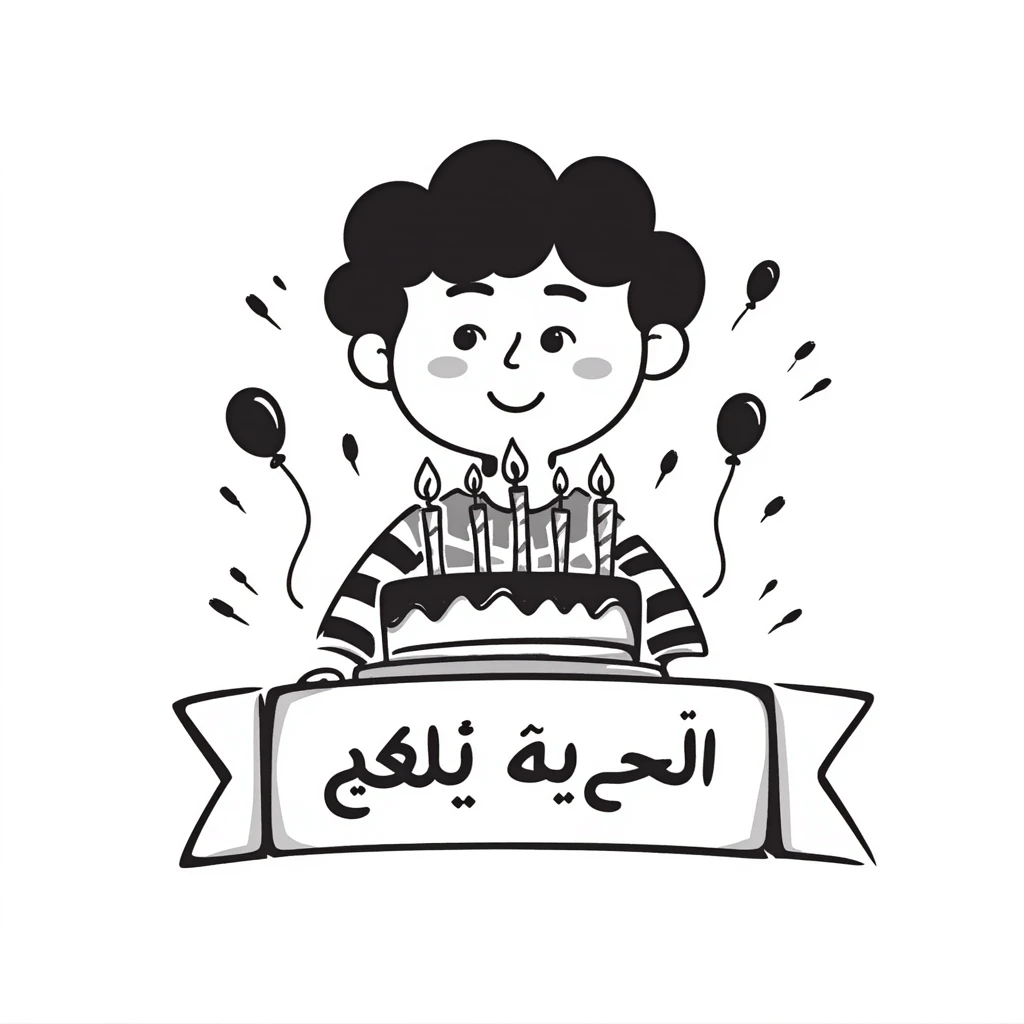 A very colorful, vibrant illustration of a happy little boy celebrating with a birthday cake with lit candles, colorful balloons and decorations. Include large, clear Persian text at the bottom that says: "امیدرضا جان تولدت مبارک" emoji