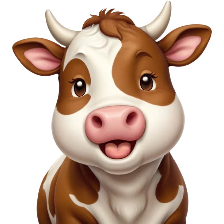 Cinematic Cute Yawning Brown and White Cow Portrait Emoji, Head tilted slightly with a dramatic, wide-open yawn, showcasing a smooth, patterned hide of brown and white, floppy ears slightly drooping, round brown eyes barely open in drowsy contentment, Simplified yet irresistibly adorable features, highly detailed, glowing with a soft, cozy glow, high shine, relaxed yet expressive, stylized with a touch of pastoral whimsy, bright and endearing, soft glowing outline, capturing the essence of a sleepy yet affectionate cow, so drowsy it feels like it could amble out of the screen and curl up for a nap! emoji