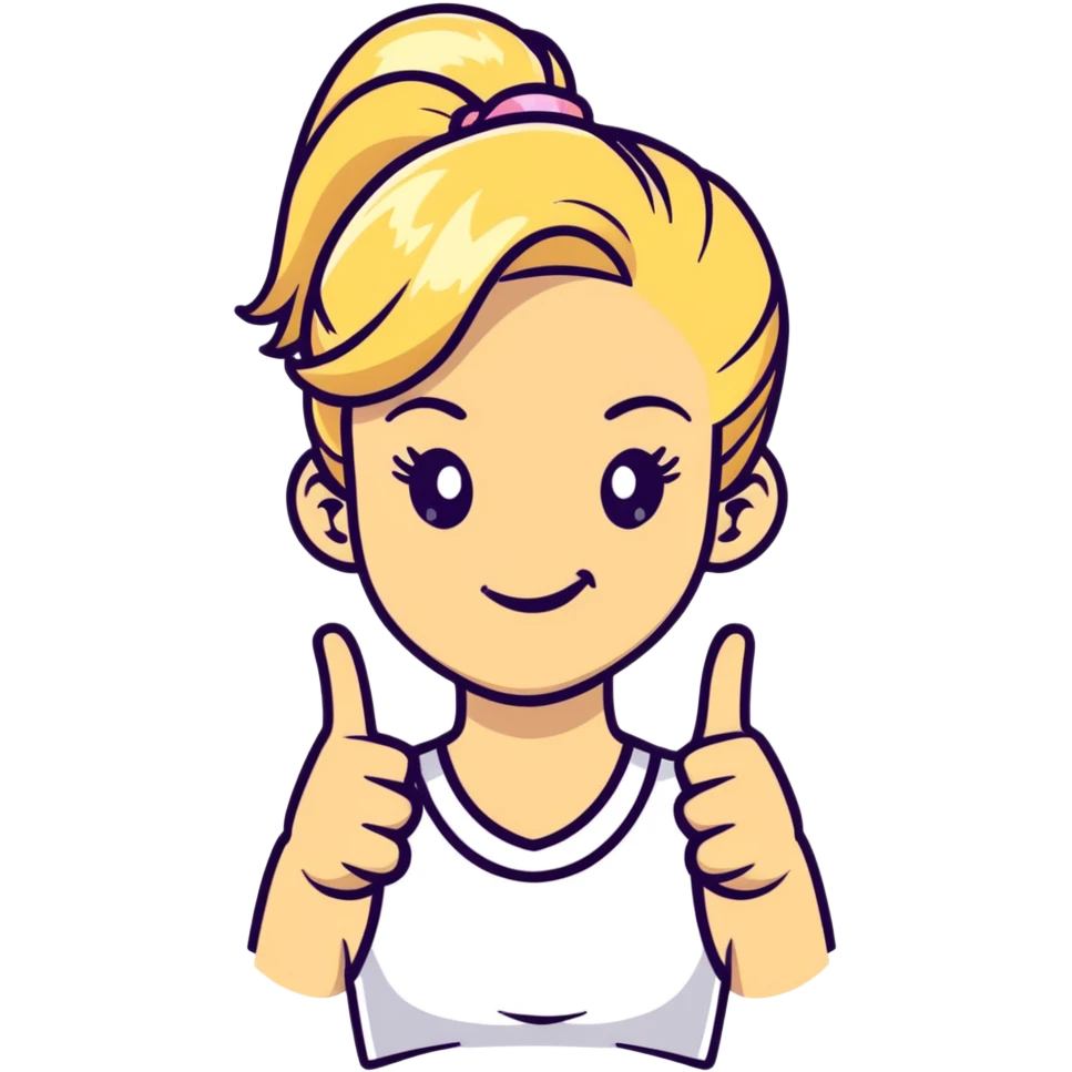 blonde girl with high pony tail hair, winking and making peace sign emoji