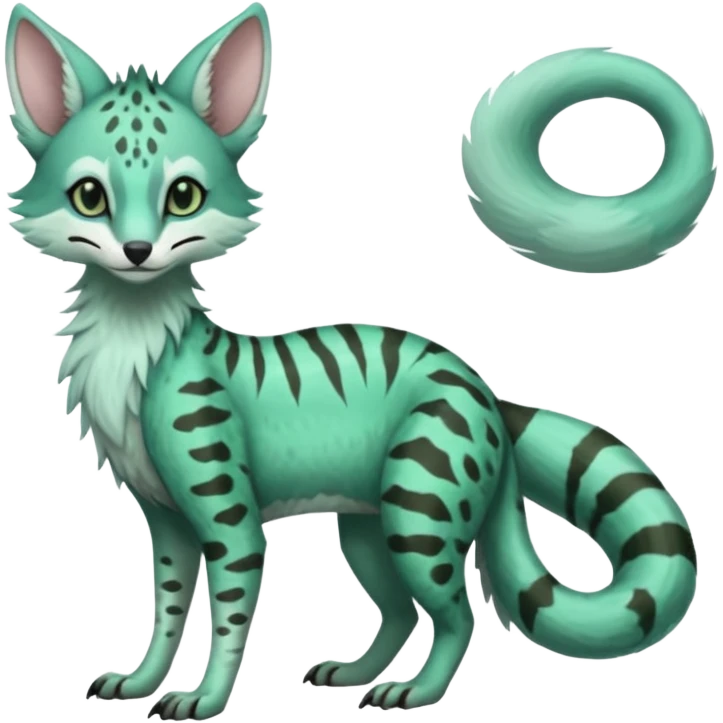 Feral Rare Fantasy minty-cyan pastel-seafoam-green Hunter-forest-green  Vernid-Sergal-Genet-Trico-species by LiLaiRa, random markings, tufted tail, tufted ears, full body emoji