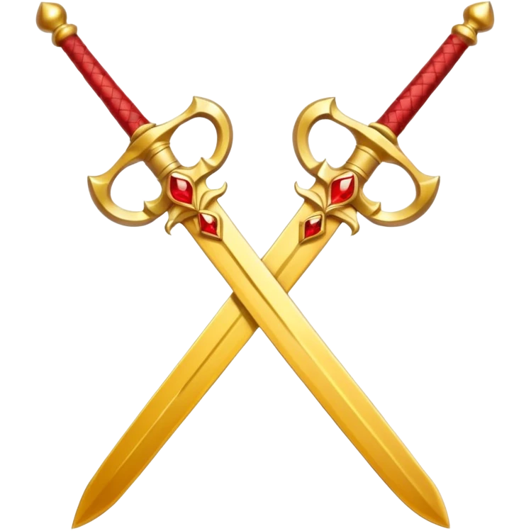 Two crossed swords that are golden in blade and handle and have fiery and royal appearence to them as well as red gem stones yellow in color emoji