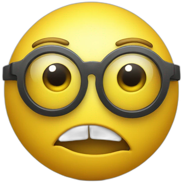 Yellow ball, with two eyes, eyeglasses, and closed mouth with two protruding teeth emoji