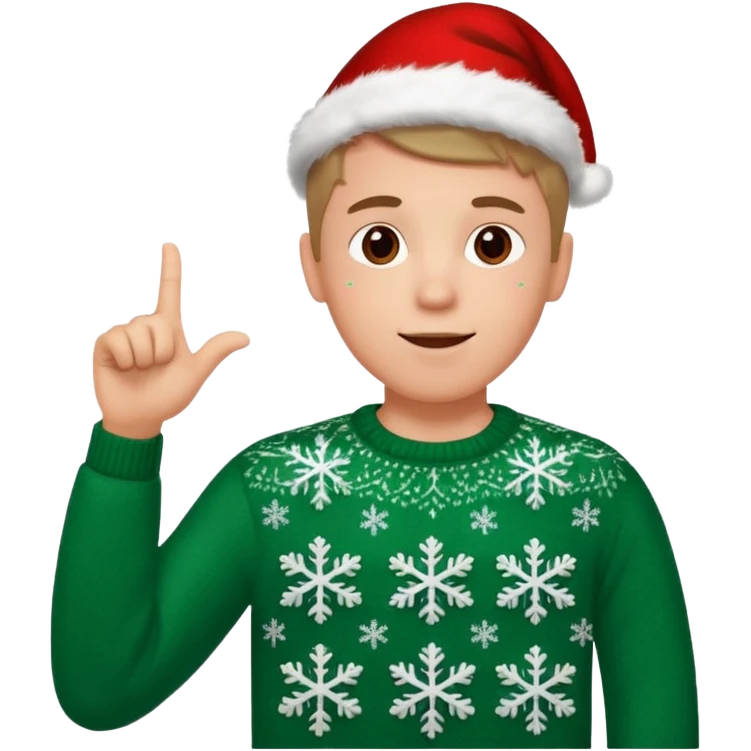 A guy pointing up with one hand and he has a christmas sweater with snowflakes in it emoji