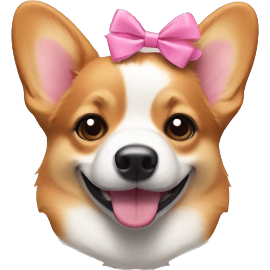 Two small pink bows on each ear of a smiling corgi emoji