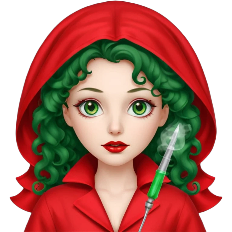 Spanish sexy evil woman. She has green eyes.  had brown long curly hair.  evil surgeon kills with needle wears red sexy doctor coat with red Juliet veil on her mouth and nose to hide and wearing red gloves.  emoji