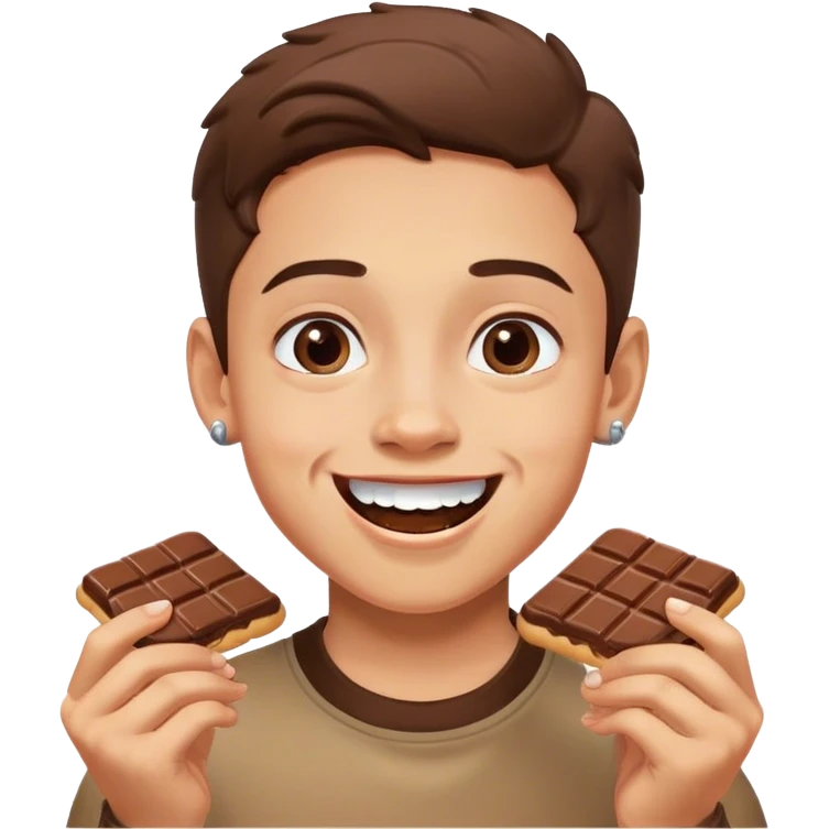smiling boy with earrings eating nutella biscuits ravenously emoji