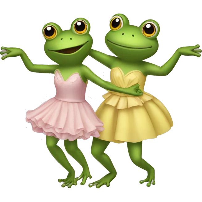 Two frogs in dresses holding hands and dancing emoji