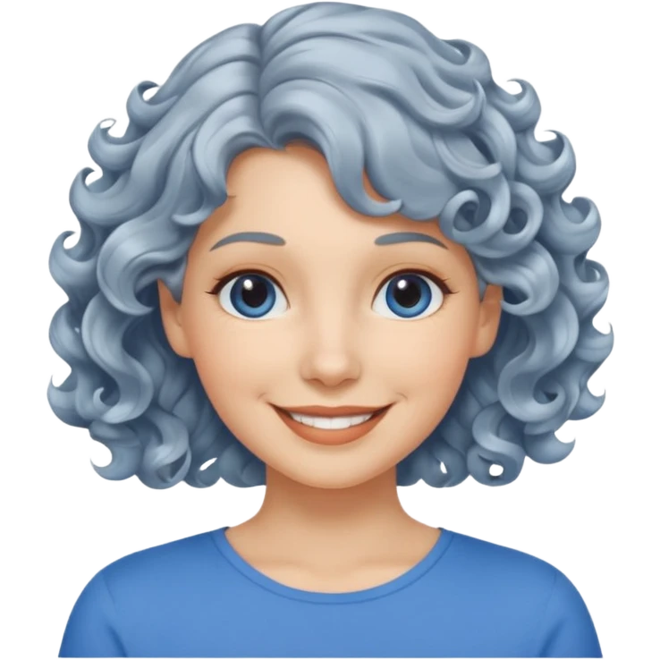 silver, short, wavy-haired with curls, smiling pretty lady, blue top,

 emoji
