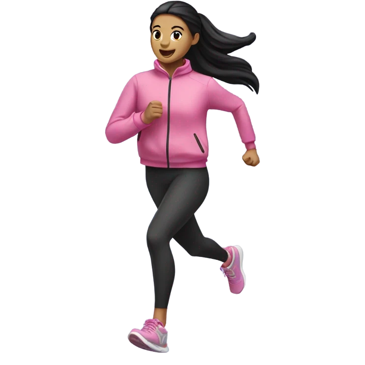 black long haird lady with a ponytail running while wearing a pink define jacket emoji