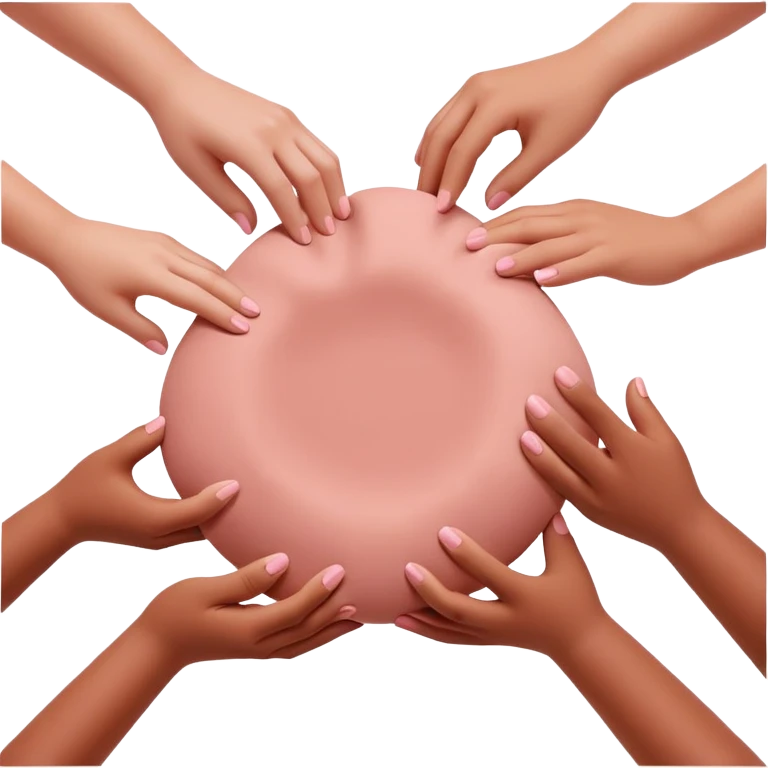 multiple hands working together to form a simple pink clay blob shape, collaborative pottery beginners emoji