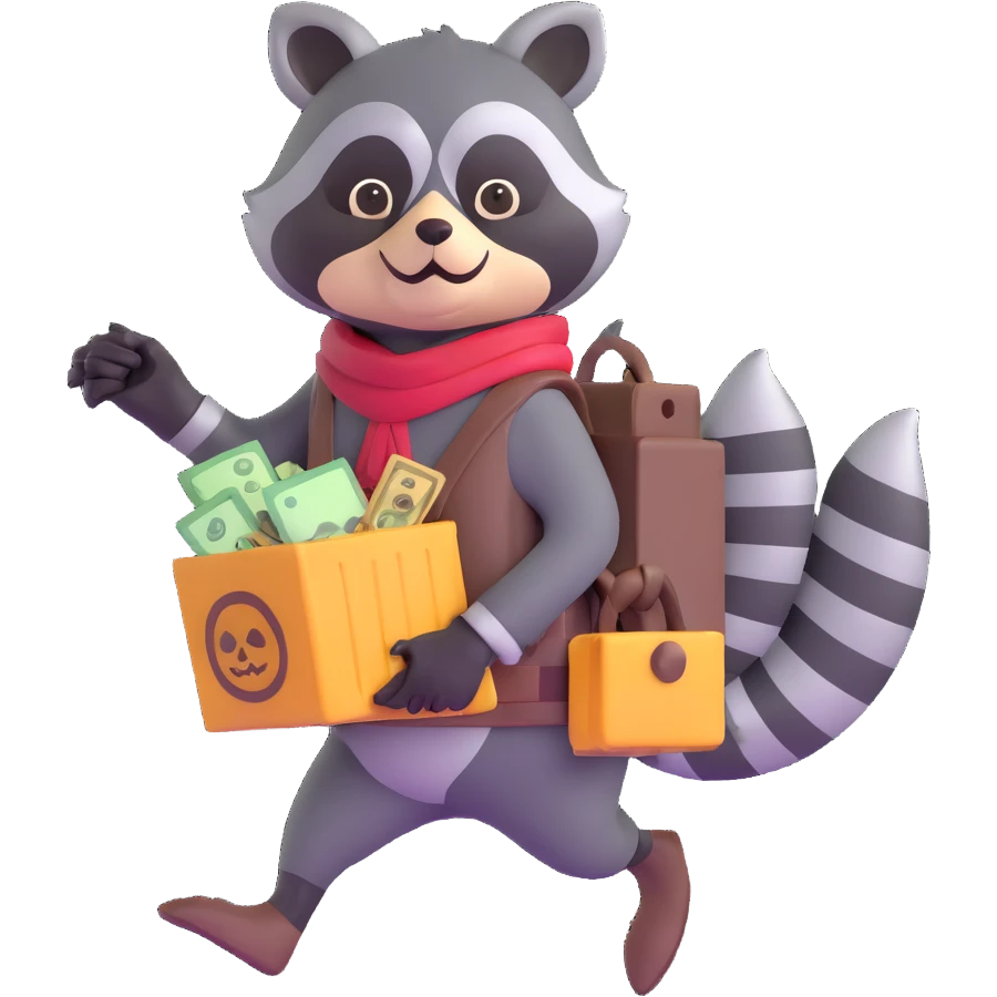 cartoon raccoon bandit with mask carrying stolen loot emoji