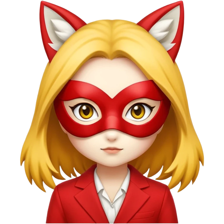 Chibi woman in red suit with yellow fox mask that cover half of face emoji