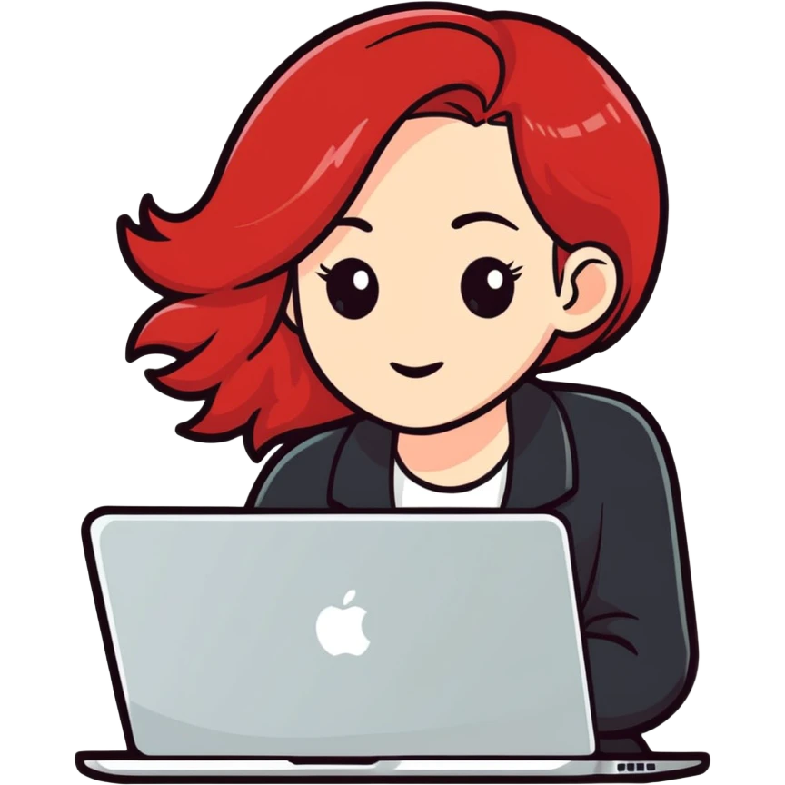 white-skinned red-haired woman using a MacBook, cartoon sticker style emoji