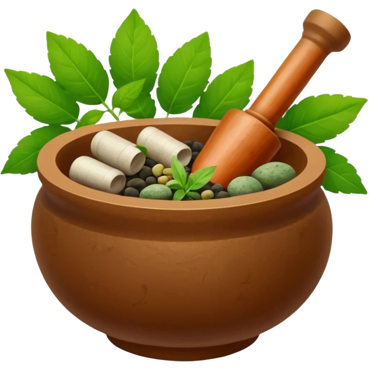 Ayurvedic medicine with mortar and leaves emoji