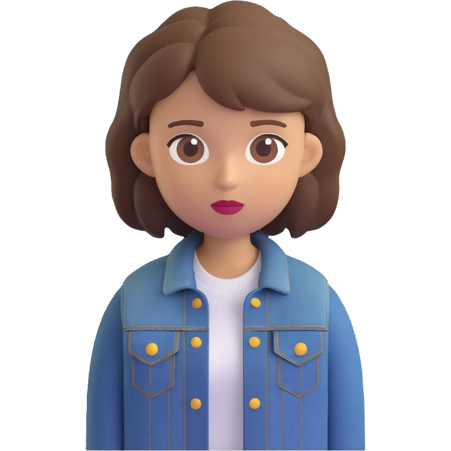 3D emoji style character with short tousled brown hair, light skin, neutral expression, wearing a black denim jacket, head centered, neutral background, faithful to original details emoji