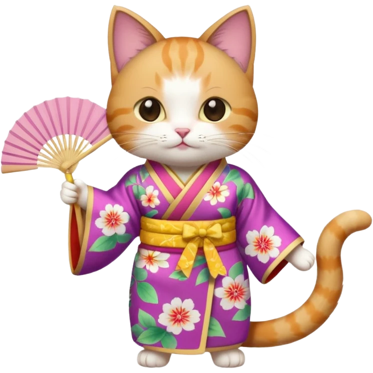 A cat in kimono-style outfit, opening a floral fan with gentle poise. emoji